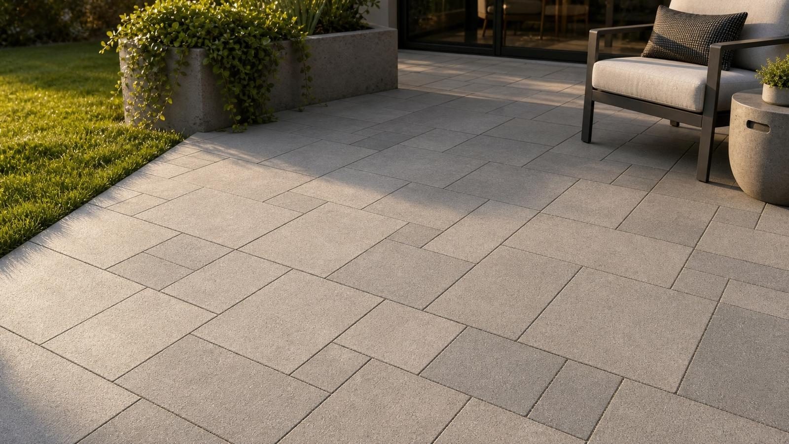 Modern paver patio with sleek outdoor furniture and planter beds